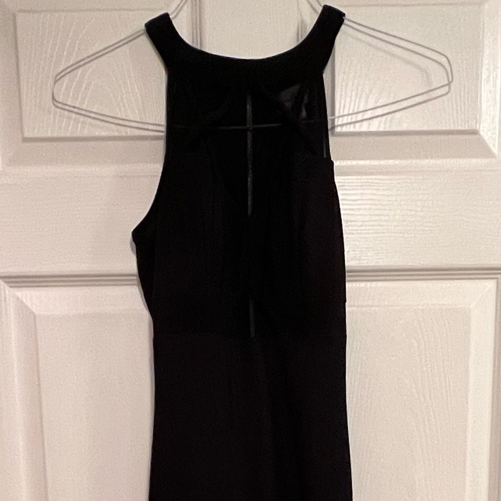 NWOT elegant long black dress with slit up the left leg, zip back (gown)